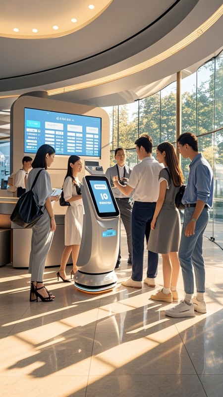 AI robot assisting customers in bank lobby